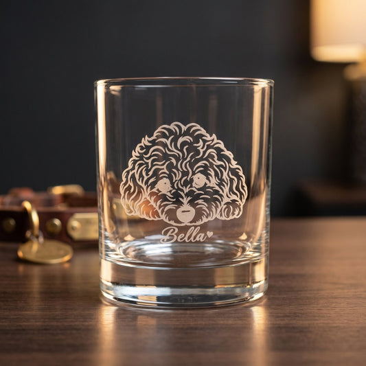 Personalized Engraved Whiskey Glass, hero with engraved line-art pet portrait