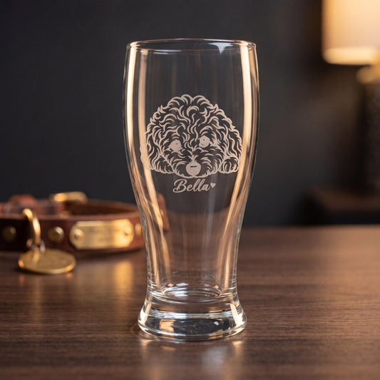 Personalized Engraved Pilsner Beer Glass, hero with engraved line-art pet portrait