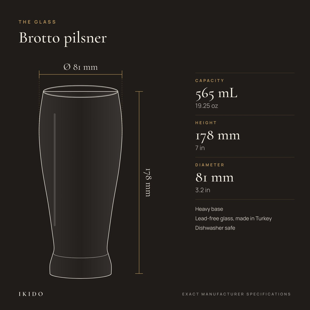 Personalized Engraved Pilsner Beer Glass, dimensions and specifications
