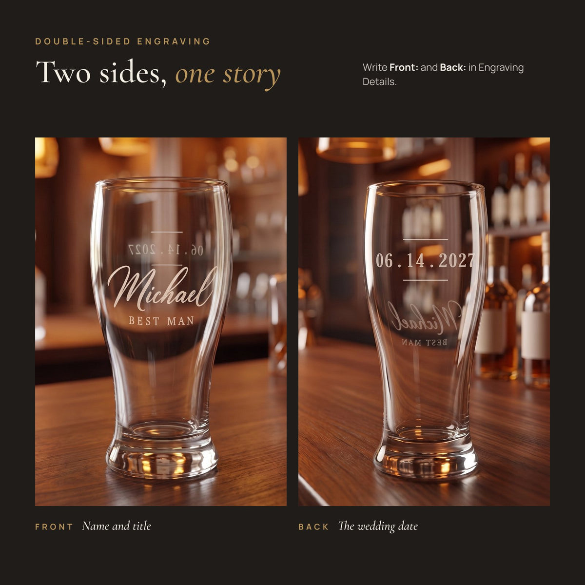 Personalized Engraved Pilsner Beer Glass, double-sided engraving front and back