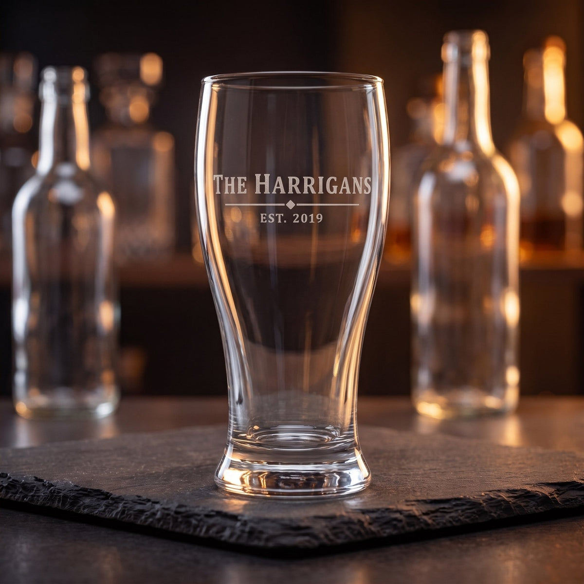 Personalized Engraved Pilsner Beer Glass, engraved family name lifestyle