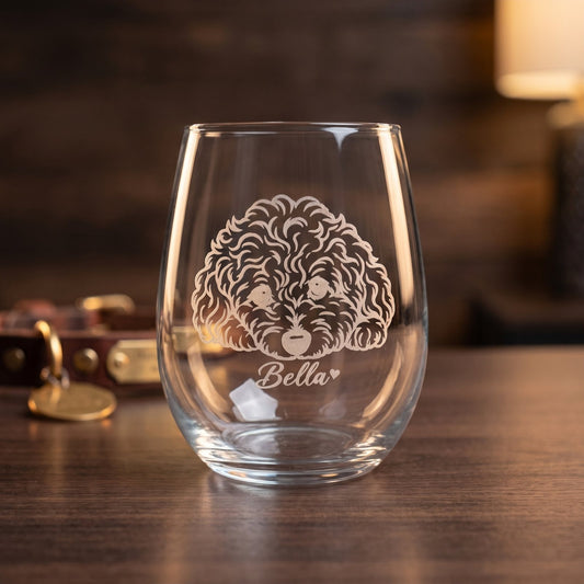 Personalized Engraved Stemless Wine Glass, hero with engraved line-art pet portrait
