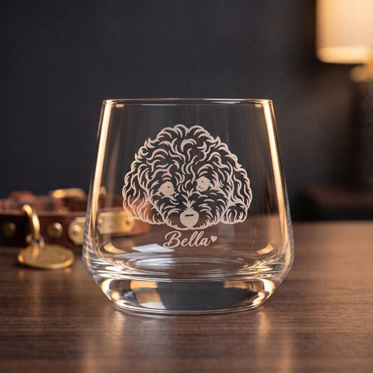 Personalized Engraved Whiskey Tumbler, hero with engraved line-art pet portrait