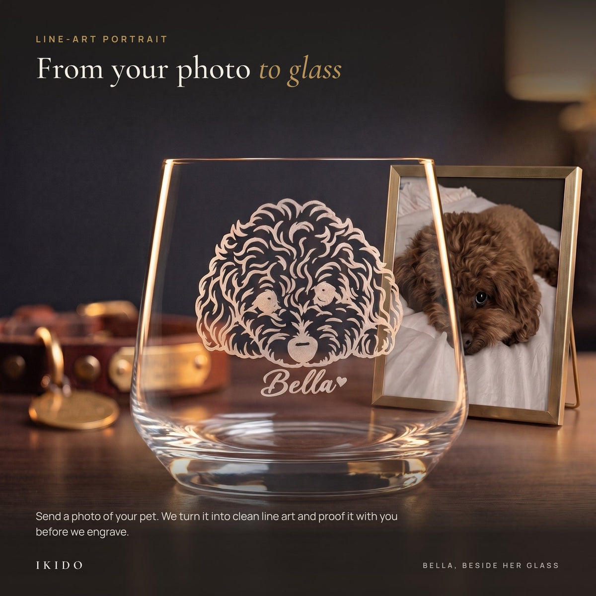 Personalized Engraved Whiskey Tumbler, photo to line-art portrait