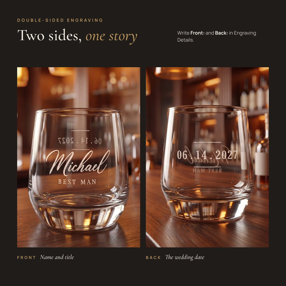 Personalized Engraved Whiskey Tumbler, double-sided engraving front and back