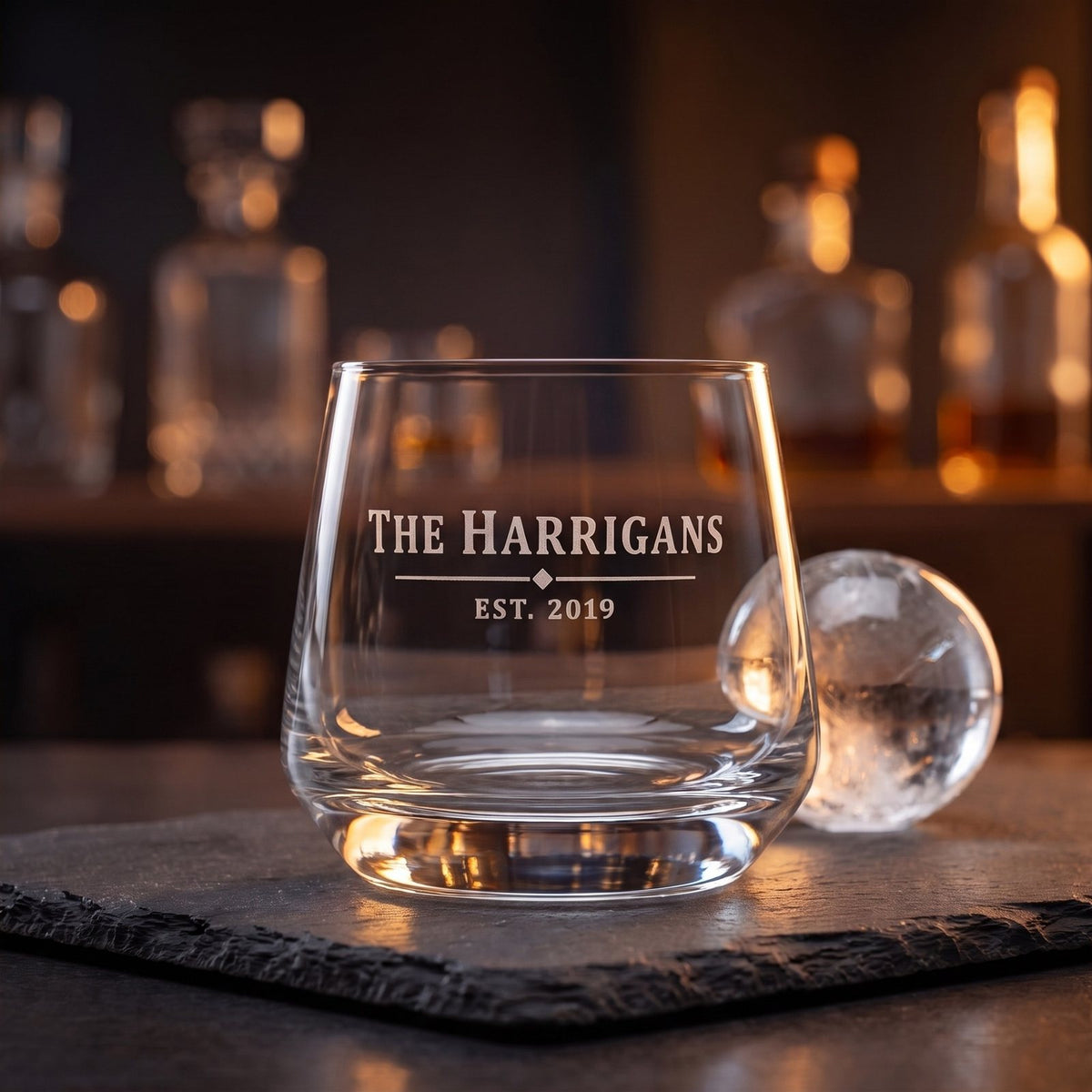 Personalized Engraved Whiskey Tumbler, engraved family name lifestyle