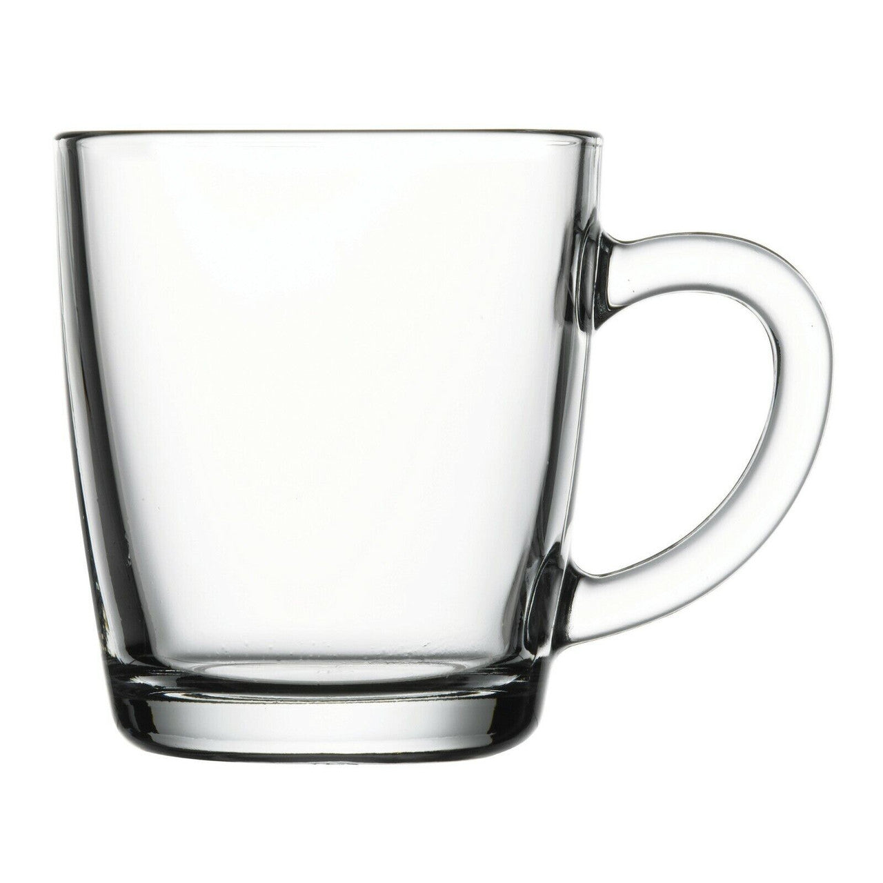 Pasabahce 330ml clear glass handled mug — wide tapered body with loop handle, set of 12, IKIDO Canada