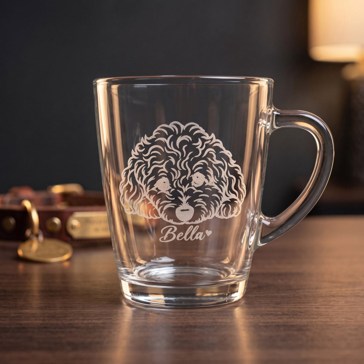 Personalized Engraved Glass Tea Mug, hero with engraved line-art pet portrait