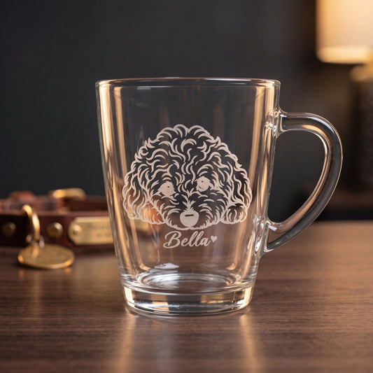 Personalized Engraved Glass Tea Mug, hero with engraved line-art pet portrait