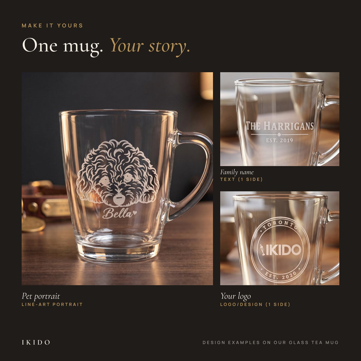 Personalized Engraved Glass Tea Mug, personalization examples