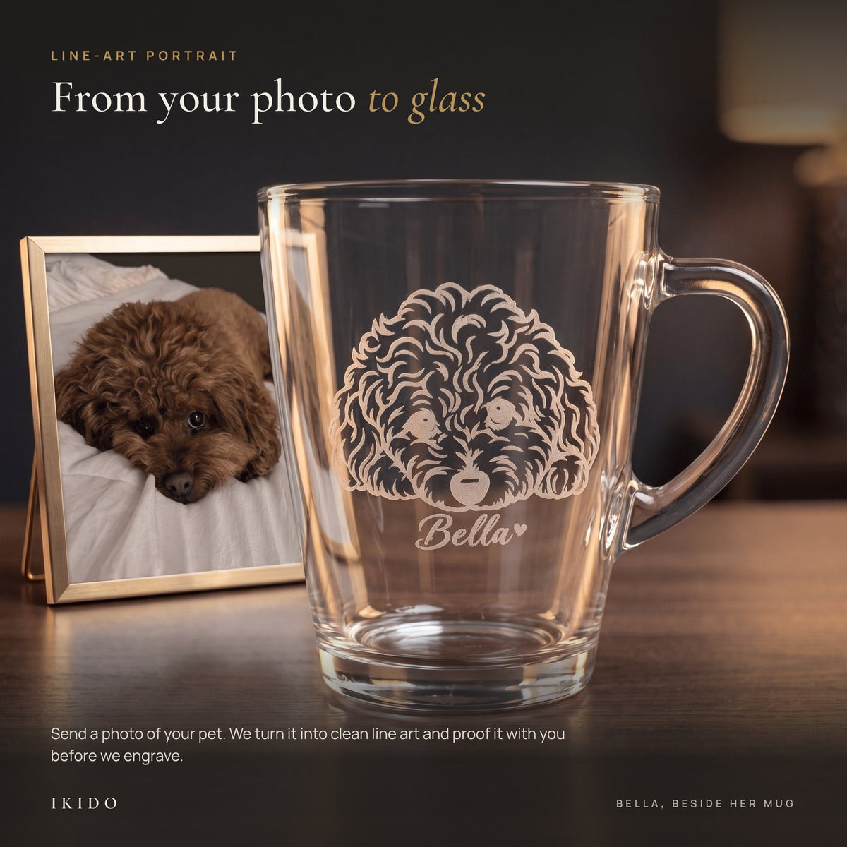 Personalized Engraved Glass Tea Mug, photo to line-art portrait