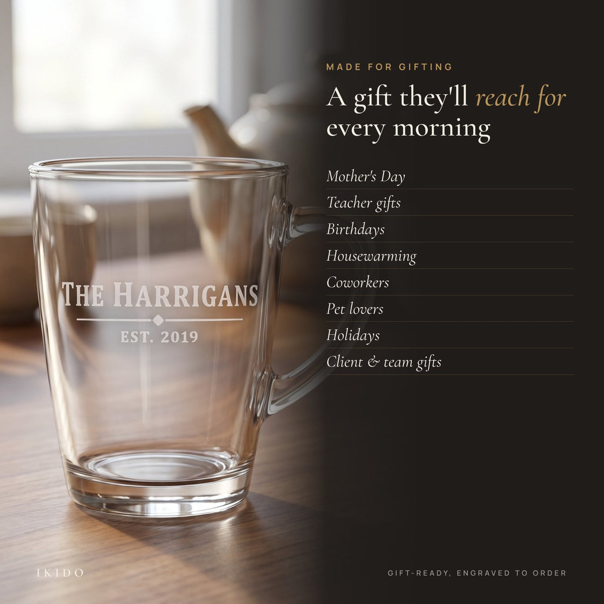 Personalized Engraved Glass Tea Mug, gift occasions