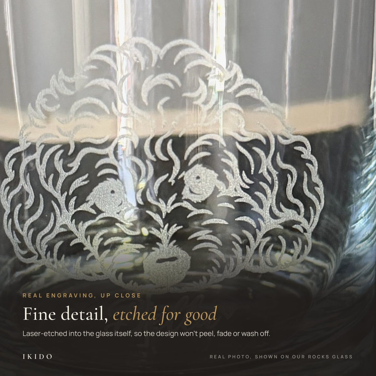 Personalized Engraved Glass Tea Mug, close-up of real laser engraving