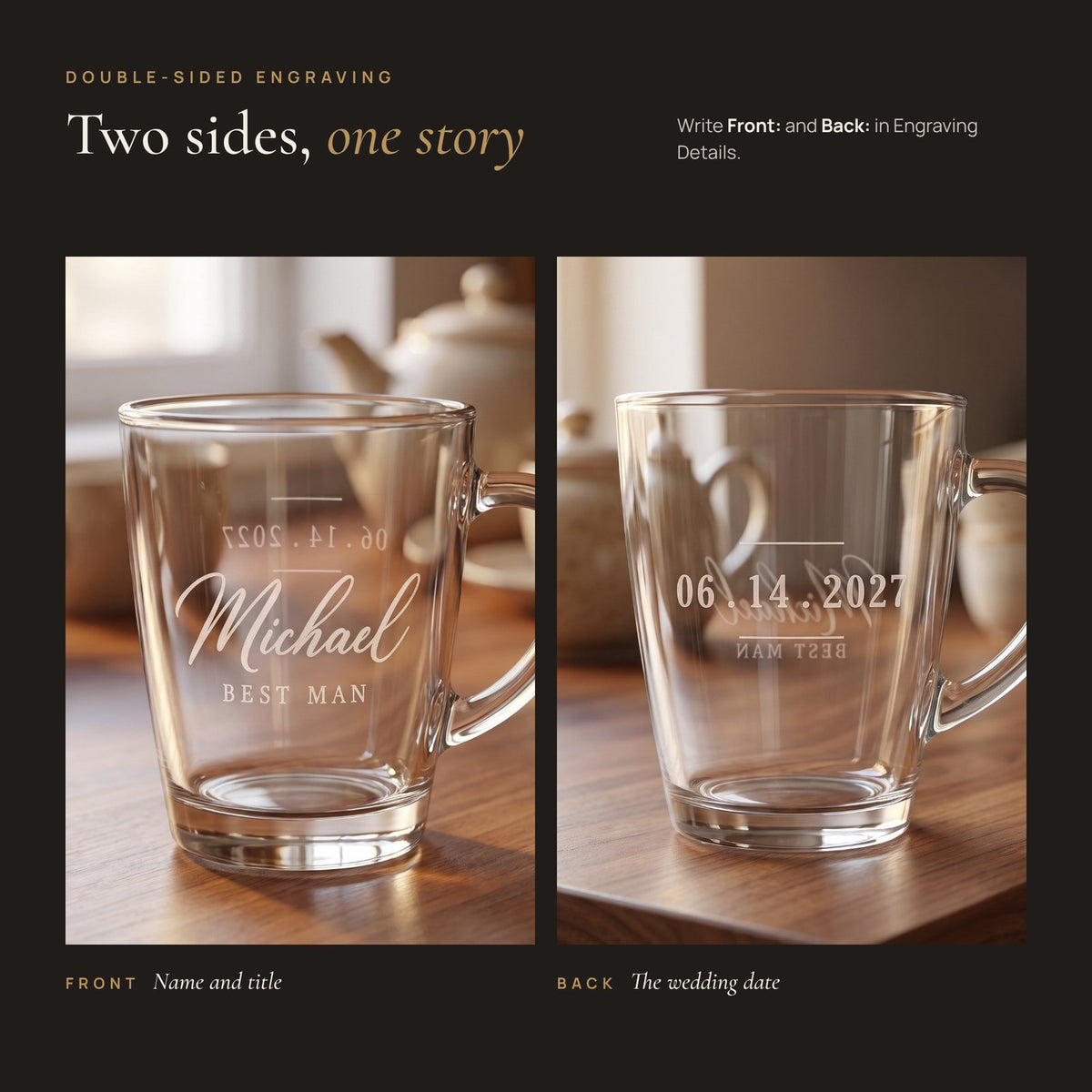 Personalized Engraved Glass Tea Mug, double-sided engraving front and back