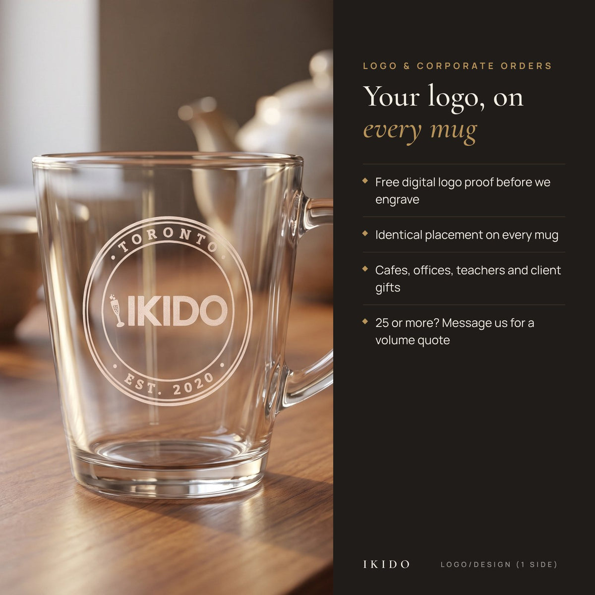 Personalized Engraved Glass Tea Mug, logo and corporate engraving
