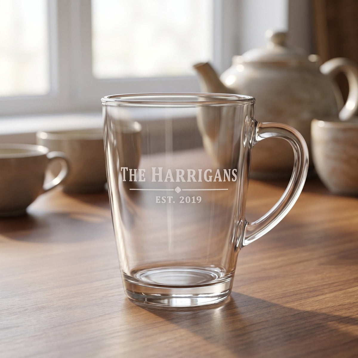 Personalized Engraved Glass Tea Mug, engraved family name lifestyle