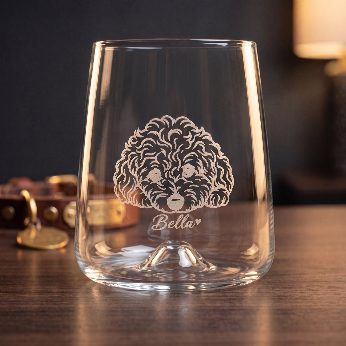 Personalized Engraved Stemless Wine Glass, hero with engraved line-art pet portrait