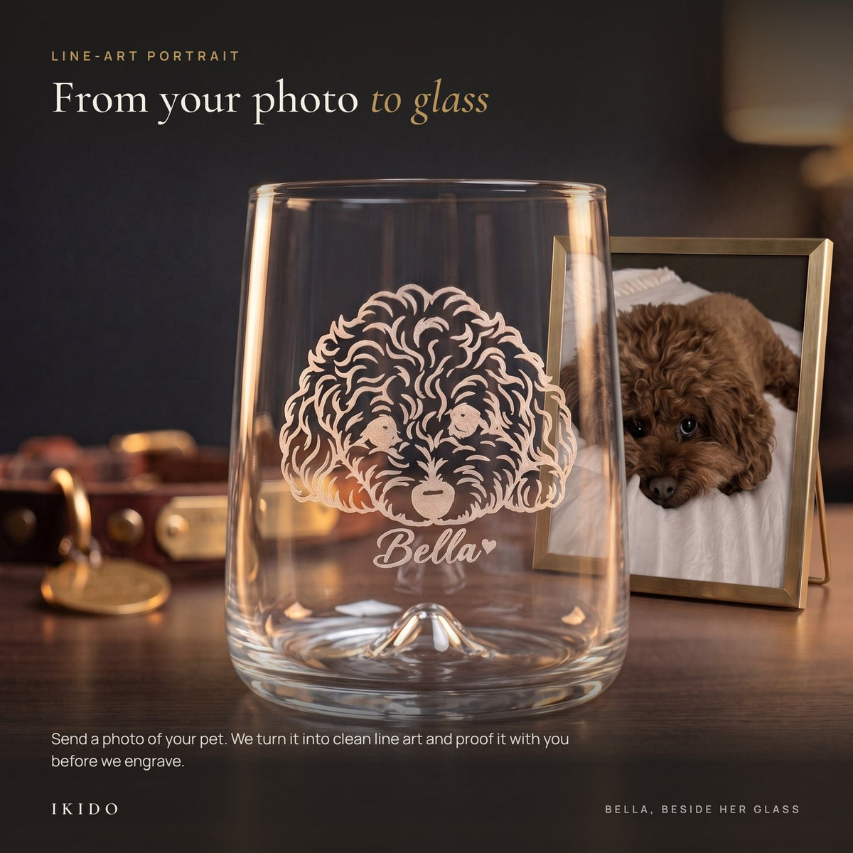 Personalized Engraved Stemless Wine Glass, photo to line-art portrait