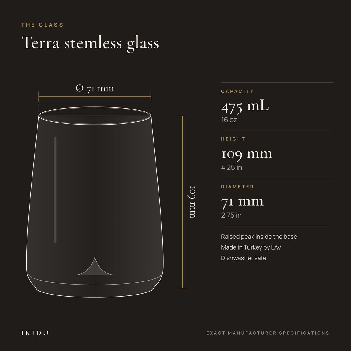 Personalized Engraved Stemless Wine Glass, dimensions and specifications