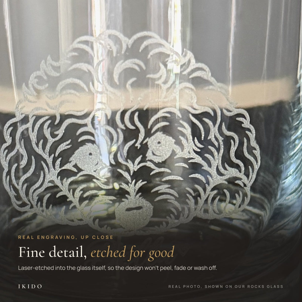 Personalized Engraved Stemless Wine Glass, close-up of real laser engraving