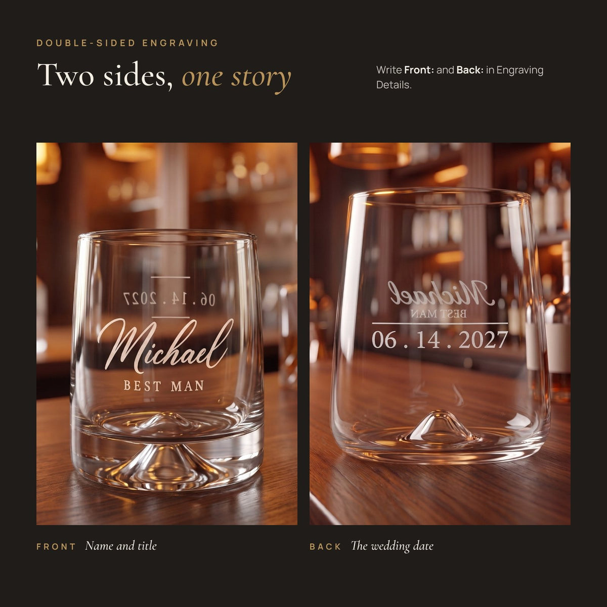 Personalized Engraved Stemless Wine Glass, double-sided engraving front and back